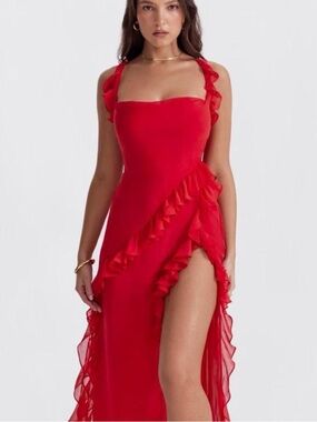 House of CB Red Ruffle-Trim Maxi Dress